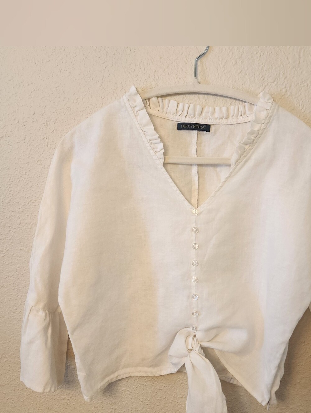 For Cynthia White Ruffle-Trim V-Neck Tie-Front Top